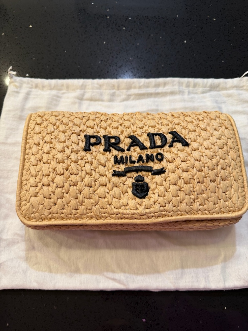 Prada Woven Raffia Clutch in Natural Beige with Black Logo